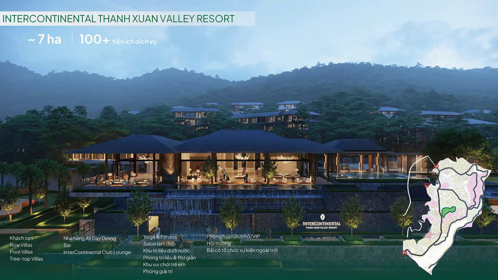 Khu nghỉ dưỡng rộng 7 ha với hơn 100 tiện ích đẳng cấp, gồm các loại villa, nhà hàng, khu trị liệu và không gian hội nghị Khu nghỉ dưỡng rộng 7 ha với hơn 100 tiện ích đẳng cấp, gồm các loại villa, nhà hàng, khu trị liệu và không gian hội nghị