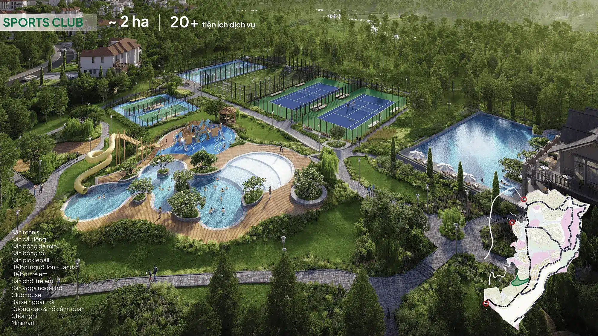 Sports Club rộng 2 ha với hơn 20 tiện ích thể thao gồm sân tennis, bể bơi, sân cầu lông và nhiều khu vui chơi giải trí ngoài trời Sports Club rộng 2 ha với hơn 20 tiện ích thể thao gồm sân tennis, bể bơi, sân cầu lông và nhiều khu vui chơi giải trí ngoài trời