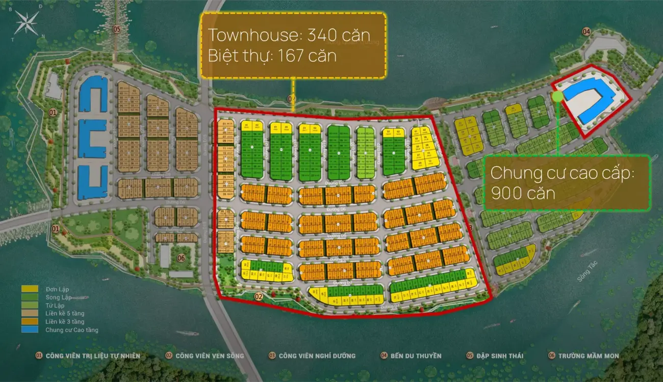 Khu đô thị cao cấp với 340 căn townhouse, 167 căn biệt thự và 900 căn chung cư ven sông, mang lại cuộc sống đẳng cấp và tiện nghi.